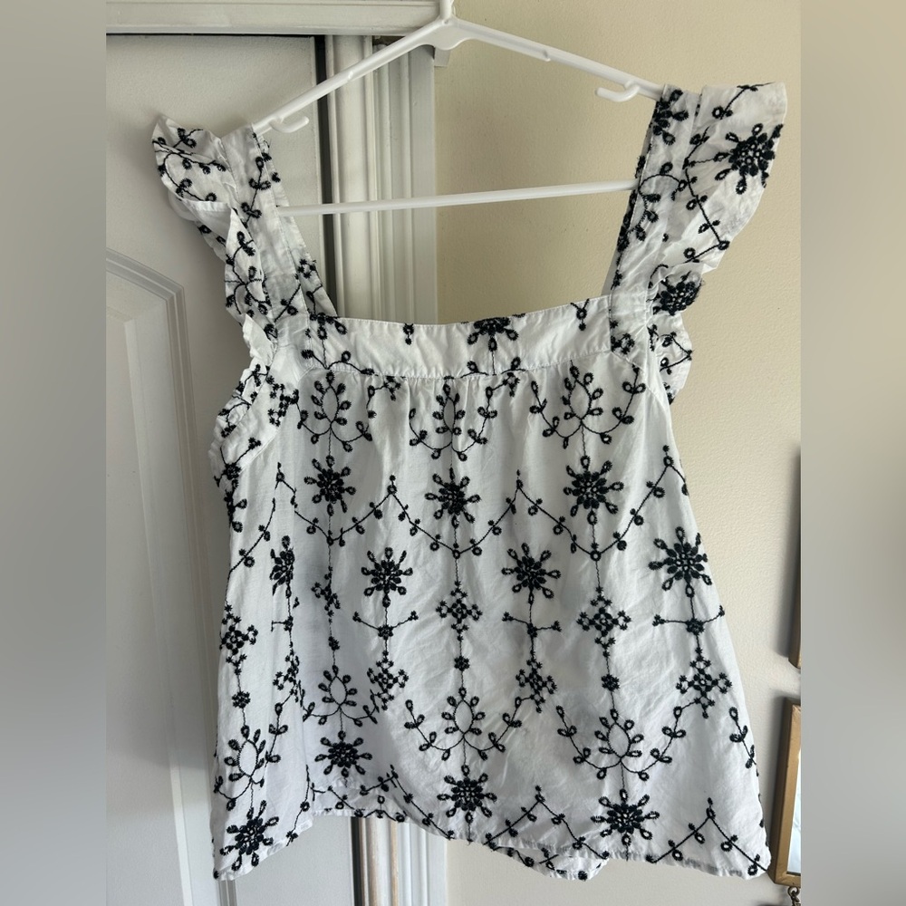 LOFT White and Black Embroidered Sleeveless Top